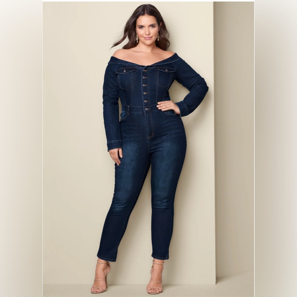 VENUS Navy Off-Shoulder Skinny Jumpsuit